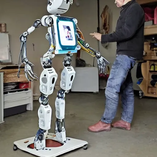 Image similar to a humanoid bipedal robot made of spare parts and household materials in a workshop, garage or closet