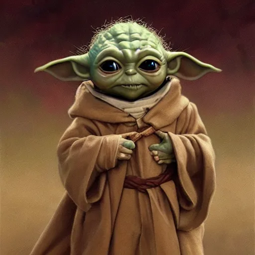 Image similar to baby yoda in the role of frodo baggins, intricate, elegant, highly detailed, digital painting, artstation, concept art, smooth, sharp focus, illustration, art by artgerm and greg rutkowski and alphonse mucha and william - adolphe bouguereau