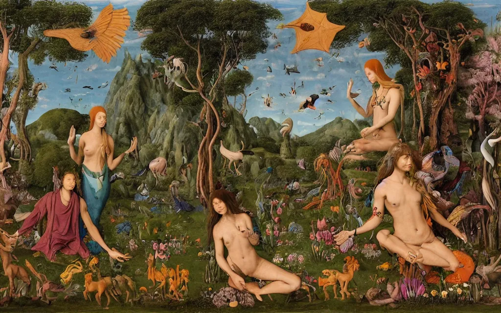 Image similar to a photograph of a meditating centaur shaman and a harpy mermaid feeding animals. surrounded by bulbous flowers, animals and a few trees. river delta with mountains and cliffs under a blue sky full of burning stars and birds. painted by jan van eyck, max ernst, ernst haeckel, ernst fuchs and artgerm. trending on artstation