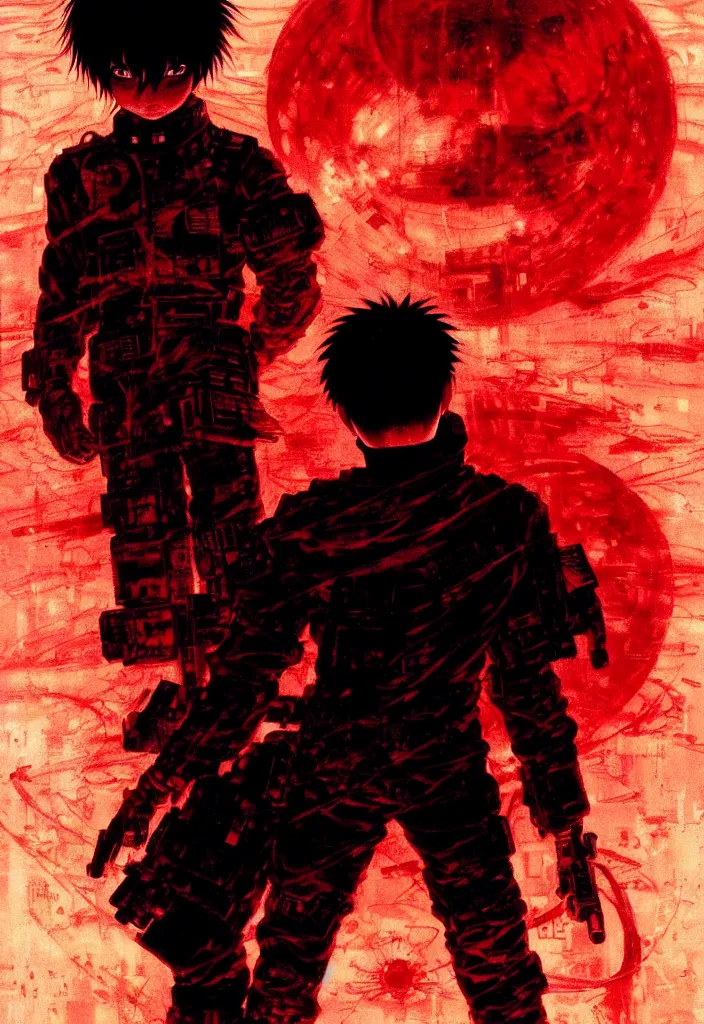 Prompt: kaneda from akira, silhouetted by a black sun | anime, matte painting, dystopian megacity neo - tokyo akira, shaded perfect, fine details. realistic shaded lighting anime manga artwork by katsuhiro otomo, akira, artgerm, jeremy lipkin and michael garmash and rob rey