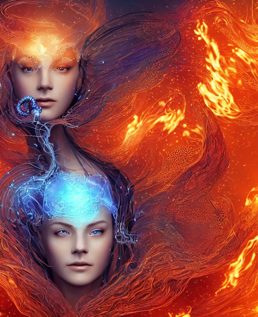 Image similar to close-up macro portrait of the face of a beautiful princess, epic angle and pose, symmetrical artwork, 3d with depth of field, blurred background, cybernetic jellyfish female face skull phoenix bird, translucent, nautilus, energy flows of water and fire. a highly detailed epic cinematic concept art CG render. made in Maya, Blender and Photoshop, octane render, excellent composition, cinematic dystopian brutalist atmosphere, dynamic dramatic cinematic lighting, aesthetic, very inspirational, arthouse. y Greg Rutkowski, Ilya Kuvshinov, WLOP, Stanley Artgerm Lau, Ruan Jia and Fenghua Zhong