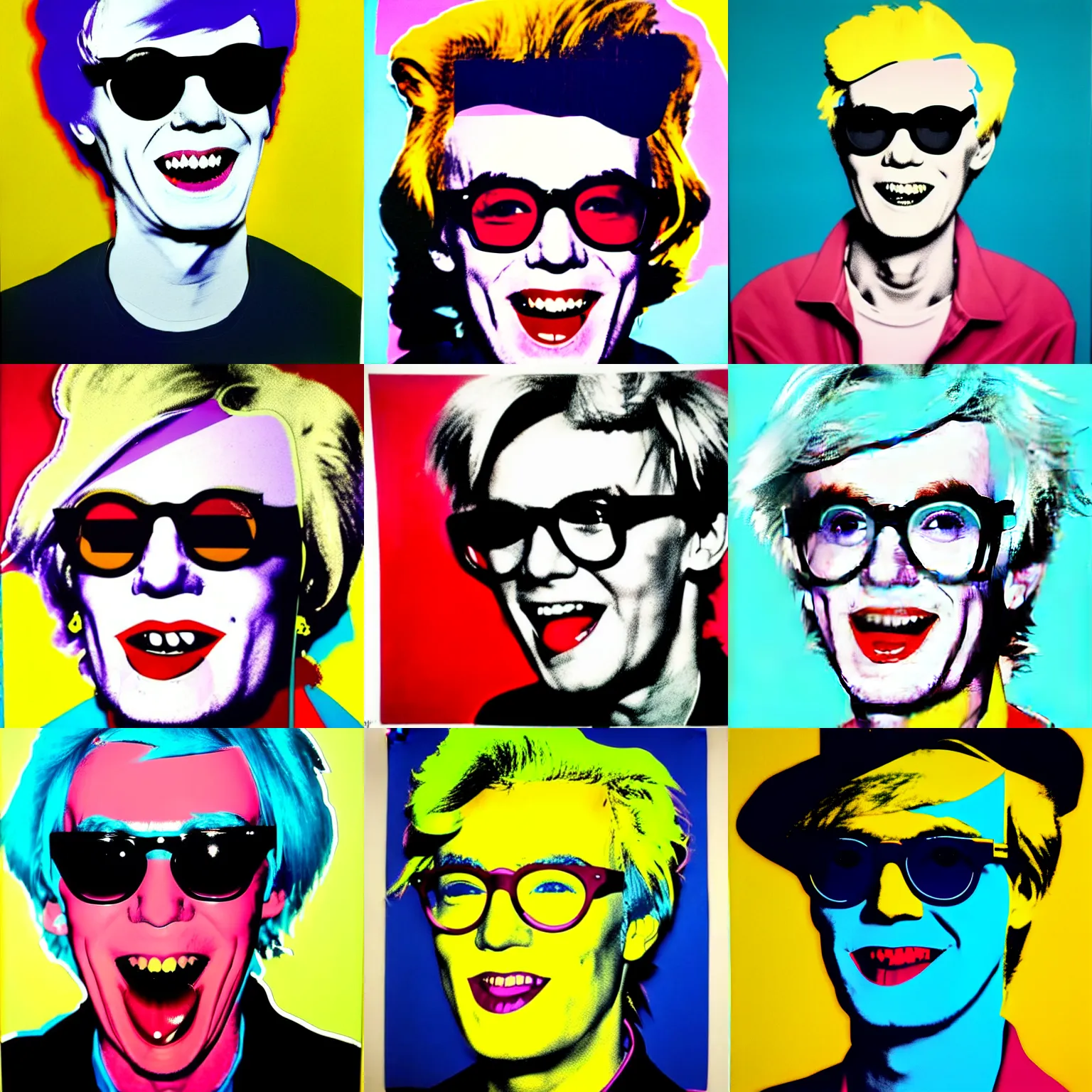 Prompt: portrait of laughing andy warhol aged 30. andy\'s shoulders are in the frame. andy looks sternly straight into the camera and wears designer sun glasses. painting in the style of andy warhol