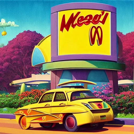 Image similar to a painting of an art deco mcdonald's surrounded by flowers, a watercolor and matte painting by beeple and rhads and mark keathley, wes anderson, cgsociety, artdeco, utopian art, retrofuturism, sci - fi, artstation hq