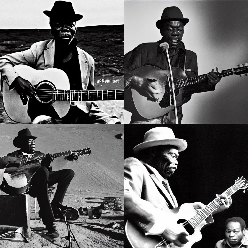 Prompt: john lee hooker playing an acoustic blues concert on the surface of the moon