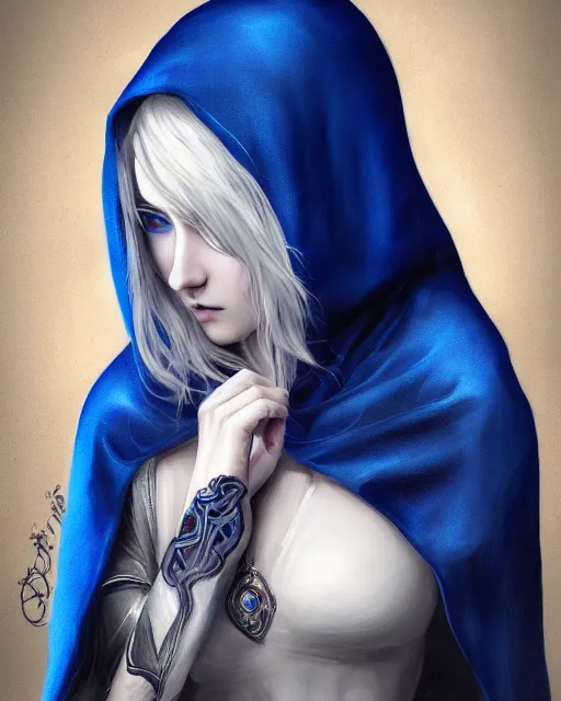 Image similar to A mysterious girl with hooded cobalt-blue eyes and silky white hair, guitar shape build, her wardrobe is attractive, fantasy art, in the style of Fernando Juarez, illustration, epic art, fantasy, intricate, elgant, amazing detail, digital painting, artstation, concept art, smooth, sharp focus