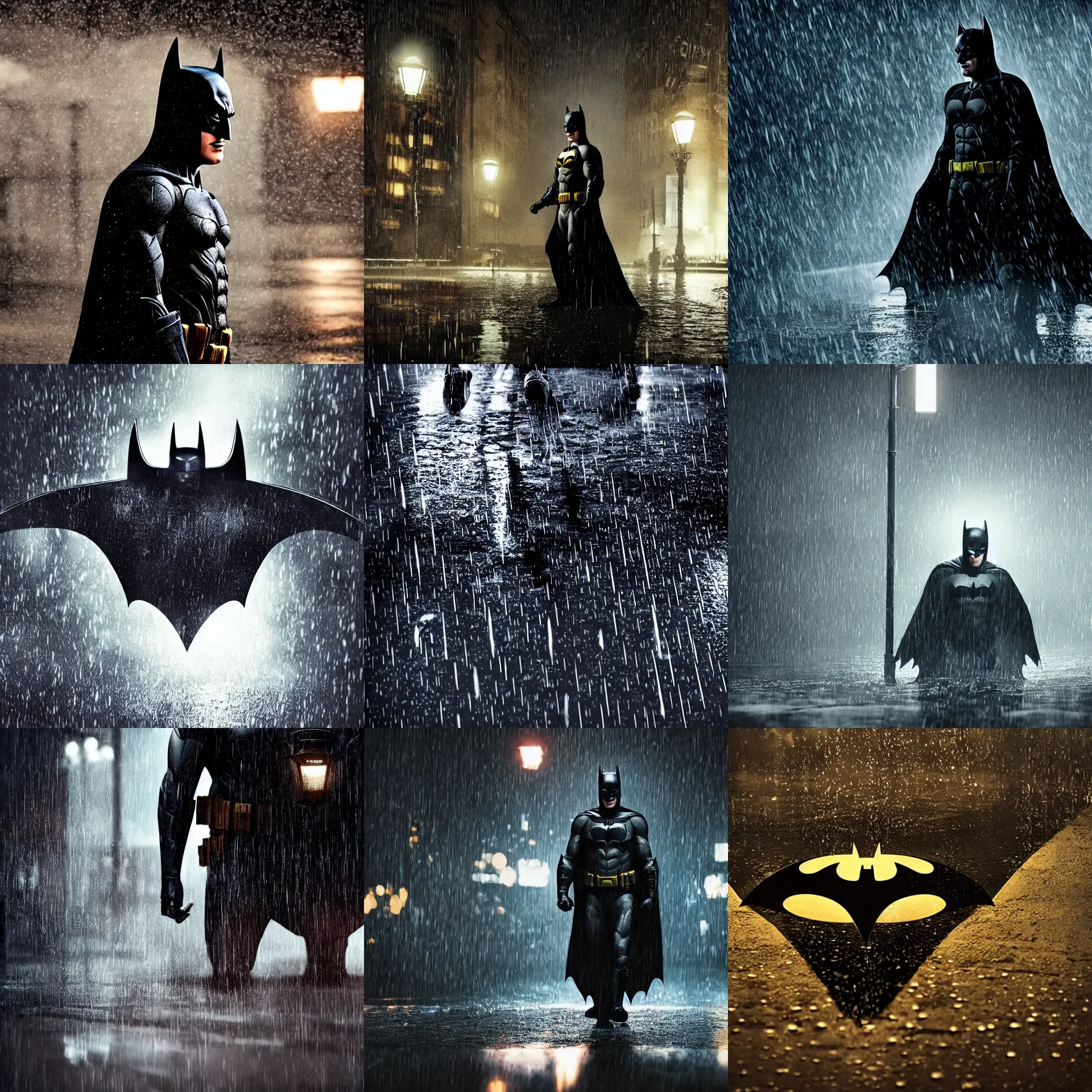 Prompt: Film still close up of Batman under the rain, puddles of water reflecting street lamp lighting, dramatic scene, cinematic scene, ambient lighting, focus, UHD, octane render, Unreal Engine, hyperrealism