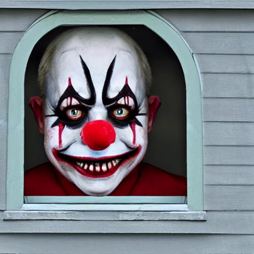 Prompt: photo of a scary clown looking through your bedroom window