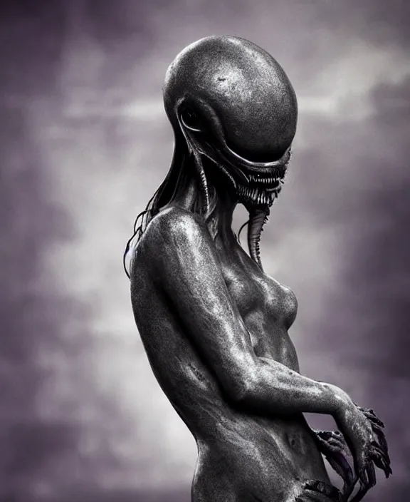 Image similar to xenomorph hugging pale sad beauty merging, dark mist colors, giger background liminal void, digital art, cinematic lighting, realistic, award winning photograph, various refining methods, micro macro autofocus