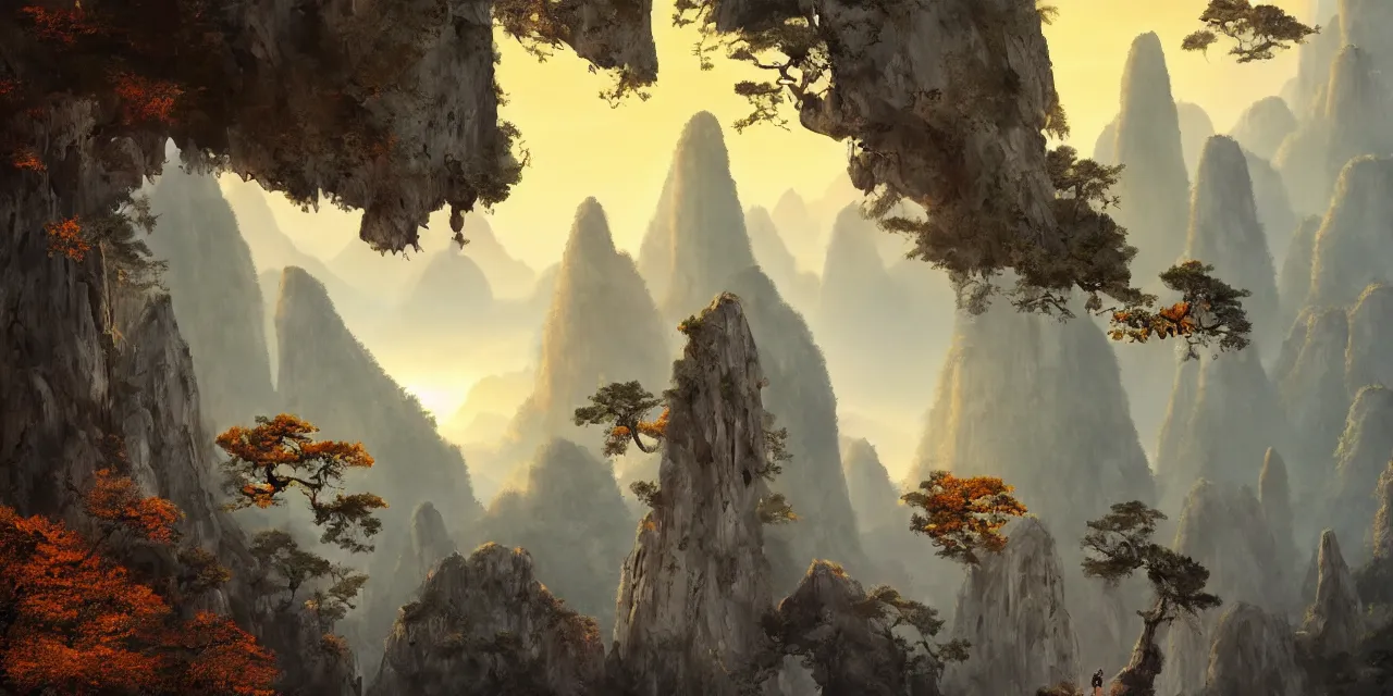 Image similar to huangshan with levitating stones in zero gravity, no trees, karst pillars forest, taoist temples and monks, human presence, artwork by ansel adams, andreas rocha, artstation, scifi, hd, wide angle, viewed from within a stone grotto, autumnal, sunset