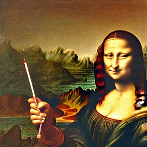 Image similar to mona lisa painting a portrait of leonardo da vinci