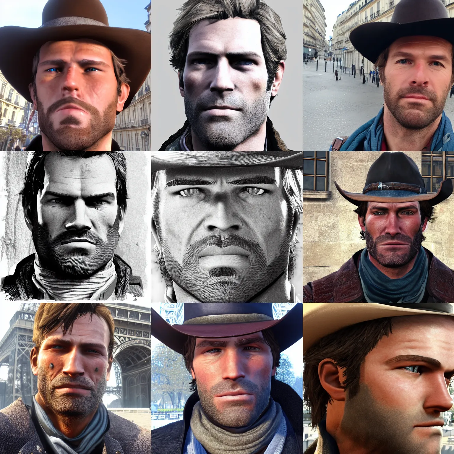 Prompt: a selfie of Arthur Morgan in paris, detailed face, detailed skin, highly detailed photo