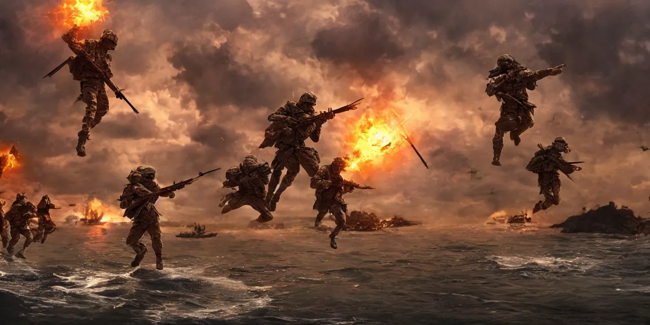 Image similar to fantasy soldiers jumping onto beach from landing craft, explosions and magic, cinematic