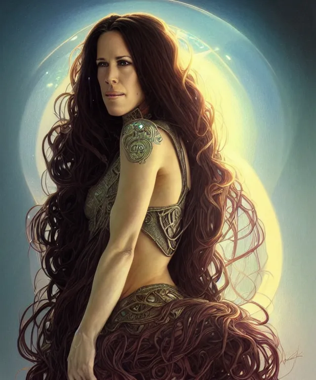 Image similar to Alanis Morissette as a fantasy magic woman portrait, sci-fi, amber eyes, face, long hair, fantasy, intricate, elegant, highly detailed, digital painting, artstation, concept art, smooth, sharp focus, illustration, art by artgerm and greg rutkowski and alphonse mucha