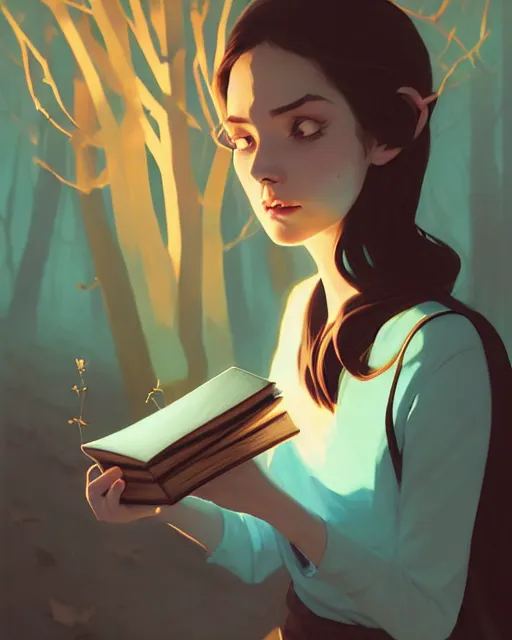 Image similar to hyper - realistic portrait of a woman with a magic book in the evil forest by atey ghailan, by greg rutkowski, by greg tocchini, by james gilleard, by joe fenton, by kaethe butcher, dynamic lighting, gradient light blue, brown, blonde cream and white color scheme, grunge aesthetic