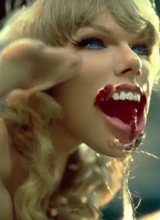 Image similar to film still of taylor swift wearing a cheerleader outfit being swallowed by a snake, in the movie star wars. goo, saliva, sweat, oily substances.