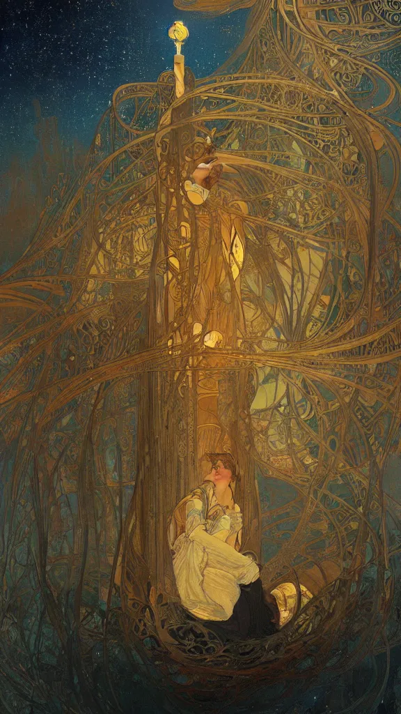 Image similar to a beautiful painting of the view from the river of an ancient many stories tall, narrow round cylindrical tower, in art nouveau style, at night with a sky full of stars, intricate, elegant, highly detailed, digital painting, artstation, concept art, by krenz cushart and artem demura and alphonse mucha