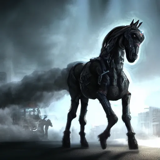 Image similar to apocalyptic, a terminator horse walking on the future street. smoke. volumetric lighting, sharp focus, ultra detailed, cgsociety - w 1 0 2 4 - n 8 - i