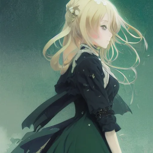 Image similar to victorique de blois anime girl gosick super detailed green eyes green eyes green eyes green eyes black dress blonde hair by greg rutkowski makoto shinkai aramaki shinji artgerm, cushart krenz key art feminine award winning