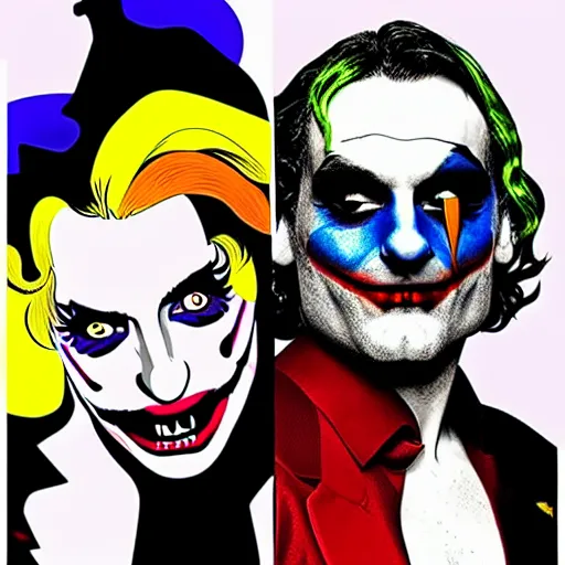 Image similar to richard hamilton and mimmo rottela as lady gaga harley queen and joaquin phoenix joker couple, pop art, 2 color, center, object details, dynamic composition, 4 k, ultra realistic art, smooth, sharp focus, illustration, concept art, intricate details, h 7 6 8