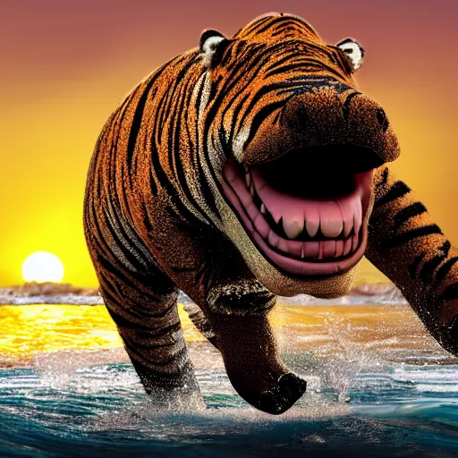 Image similar to a closeup photorealistic photograph of a cute smiling knitted tiger hippopotamus chasing beachballs during sunset. teeth exposed, surf in the background. professional capture. this 4 k hd image is trending on artstation, featured on behance, well - rendered, extra crisp, features intricate detail, epic composition and the style of unreal engine.