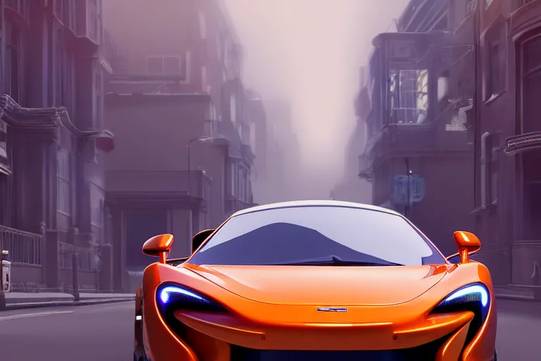 Prompt: a wholesome animation key shot of!! one!! focused!! mclaren!!! p 1!!, shiny deep orange, in a misty london street, wide shot, studio ghibli, pixar and disney animation, sharp, very detailed, high resolution, rendered in unreal engine 5, anime key art by greg rutkowski, bloom, dramatic lighting