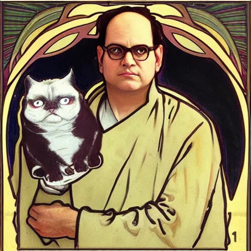 Image similar to “ portrait of george costanza from seinfeld holding grumpy cat, art nouveau, by alphonse mucha ”