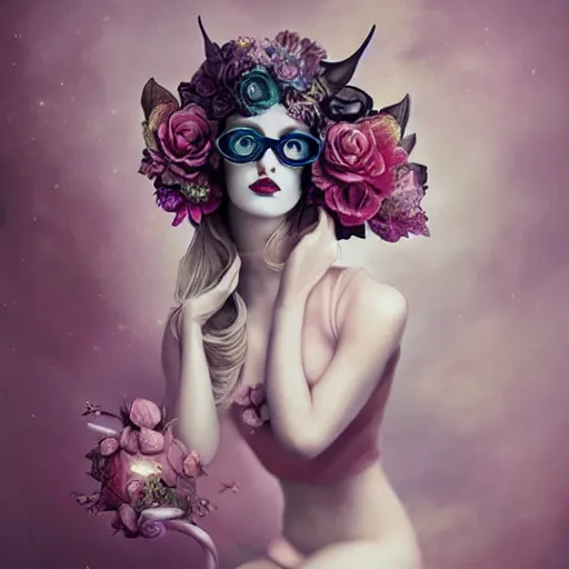 Prompt: of a woman, surreal Portrait inspired by Natalie Shau, Anna dittmann flowers with horns, jewellery,round glasses,cinematic