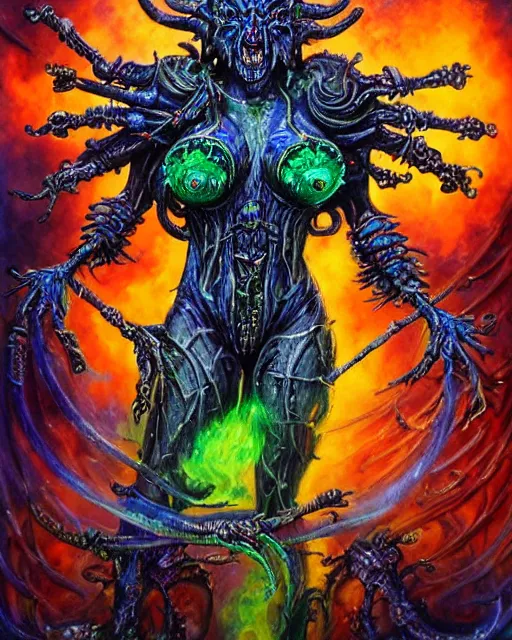 Prompt: silver mechanical charred bloody fleshmetal obliterator cyborg daemonhost woman psychedelic flamer of tzeentch with extra arms guns, blue and green rainbow fire, by antonio j. manzanedo, alex grey, android jones, wayne barlowe, philippe druillet, josephine wall, harumi hironaka, cronenburg, trending on artstation