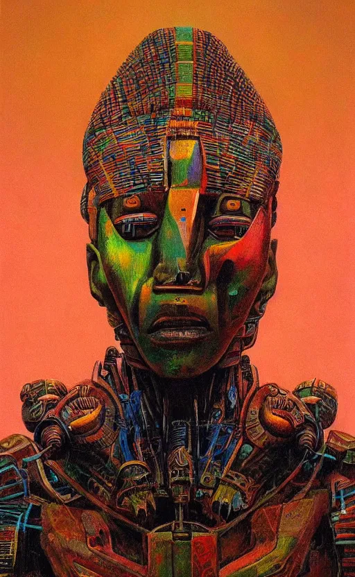 Image similar to portrait of mecha african tribal chief, symmetrical, dramatic lighting, colourful, art by zdzislaw beksinski,