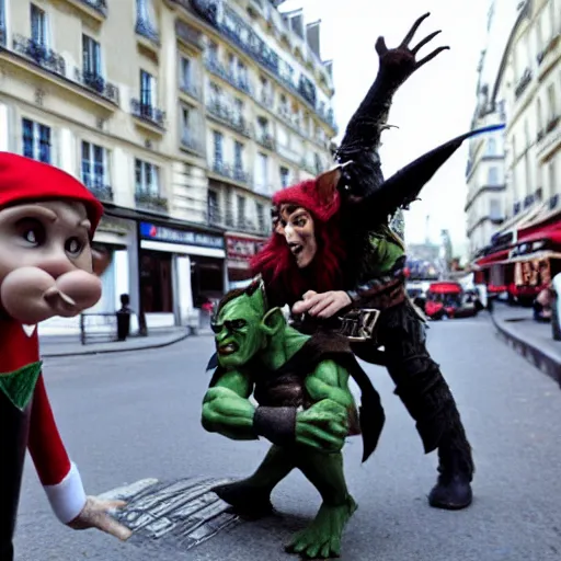 Prompt: an elf chasing an orc in paris