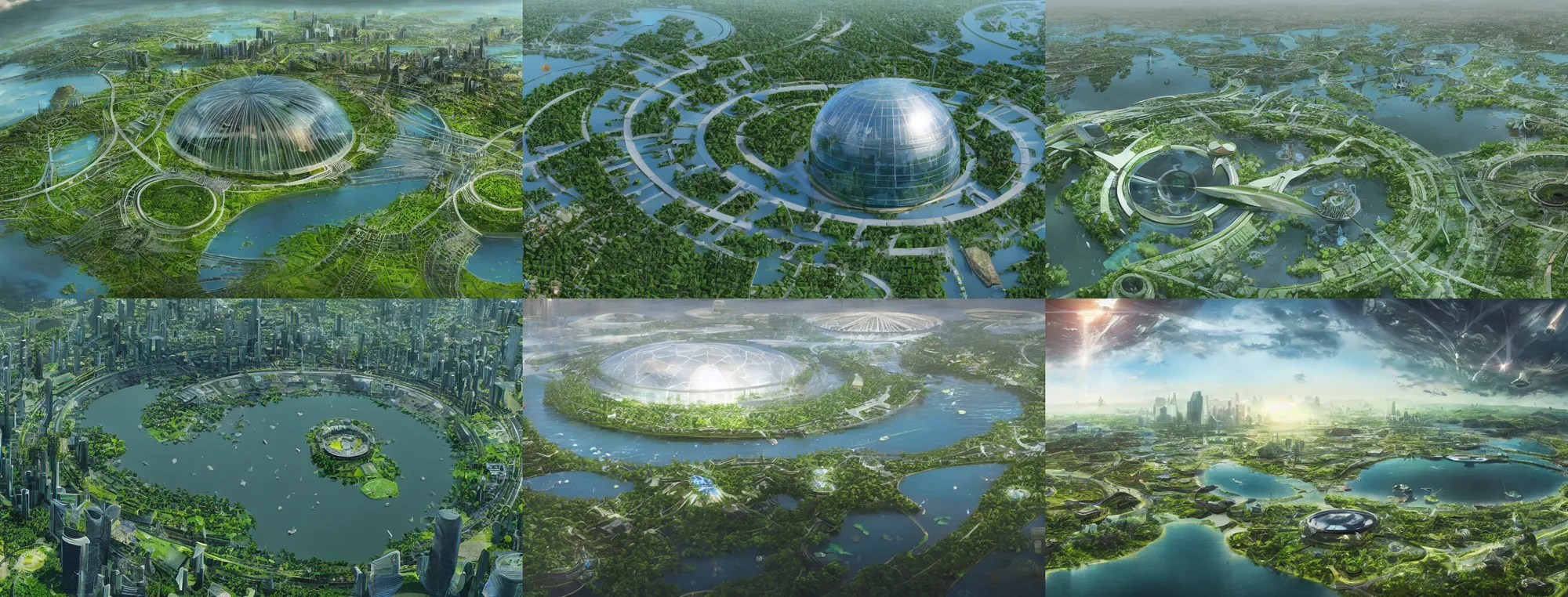 Prompt: ecological ring world halo city with large glass domes with huge lakes and crowded paths, green lush vegetation, hyperdetailed, artstation, cgsociety, 8 k