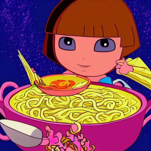 Image similar to Dora the explorer eating ramen noodles. cinematic, cartoon, detailed, under water, vegitation, psychedelic, dramatic lighting, trending on deviantart