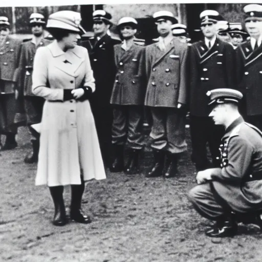 Prompt: ultra wide 1 9 4 6 blurry historical photo of a single german general kneeling before a young queen elizabeth in a french village, her brown and white corgis are next to her, highly detailed, sharp focus