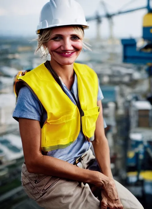 Image similar to closeup portrait of cheerful cameron diaz as a crane operator, yellow hardhat, sitting in a crane, natural light, bloom, detailed face, magazine, press, photo, steve mccurry, david lazar, canon, nikon, focus