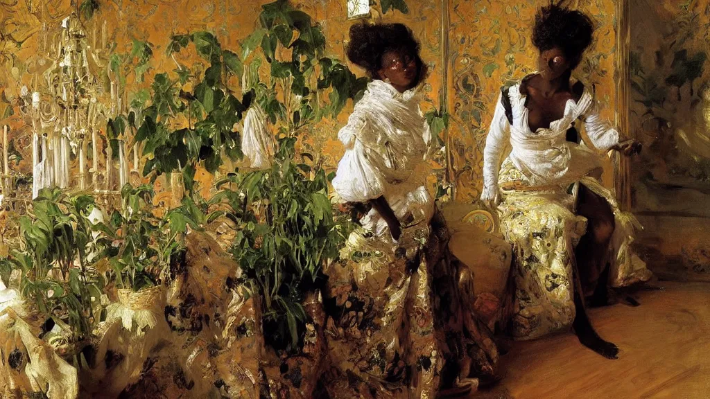 Prompt: high quality high detail painting by ilya repin and john singer sargent, black woman in a white room with many plants, intricate costume design, orientalist, partially gold, ornate, elite, luxury, hd