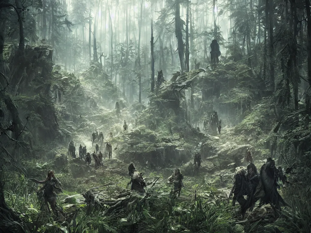 Prompt: stealthed assassins crossing empty forest, unreal engine 5, art by artgerm and greg rutkowski and alphonse mucha, global illumination, detailed and intricate environment, hyperrealistic, volumetric lighting, epic cinematic shot, perfectly defined features, ambient occlusion