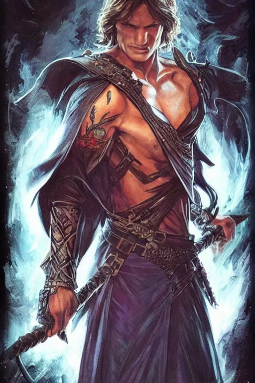 Image similar to masculine sam winchester as a dark mage warrior tattooed in the cover of an acotar book, d & d!, fantasy style, sharp focus!, ultra detailed, art by artgerm and peter andrew jones, wlop