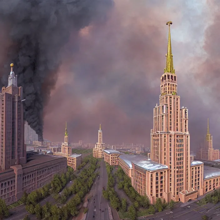 Prompt: matte painting of a moscow state university building on fire, masterpiece, cinematic, hyperdetailed, photorealistic, hyperrealism, octane render, depth of field, bokeh, architecture, aerial view, art by tom bagshaw, geof darrow, james gurney, filip hodas