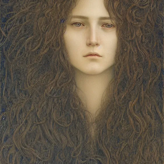Prompt: a highly detailed portrait in the style of jean delville and in the style of james jean.