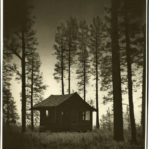 Image similar to a photo of a Eerie cabin in the middle of the woods photographed by Ansel Adams