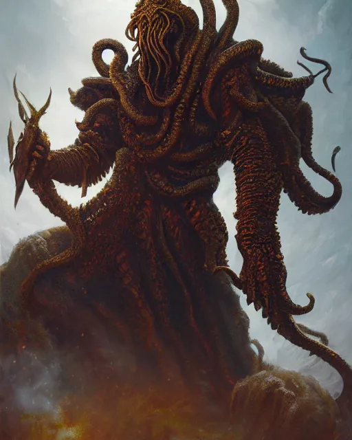 Image similar to oil painting of Cthulhu, wearing intricate fur armor, sharp focus, holding magical fiery Sword, magical aura, heroic pose, fantasy style, octane render, volumetric lighting, 8k high definition, by greg rutkowski, highly detailed, trending on art Station, magic the gathering artwork, magical Battlefield backround, centered