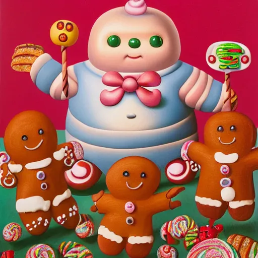 Prompt: portrait of a depressed gingerbread man living in candyland painted by fernando botero and mark ryden and hikari shimoda, lowbrow pop surrealism