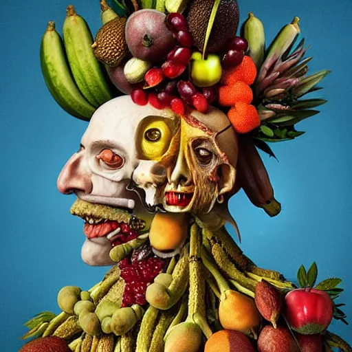 Image similar to giuseppe arcimboldo completely made of fruits, unreal engine, new scifi movie