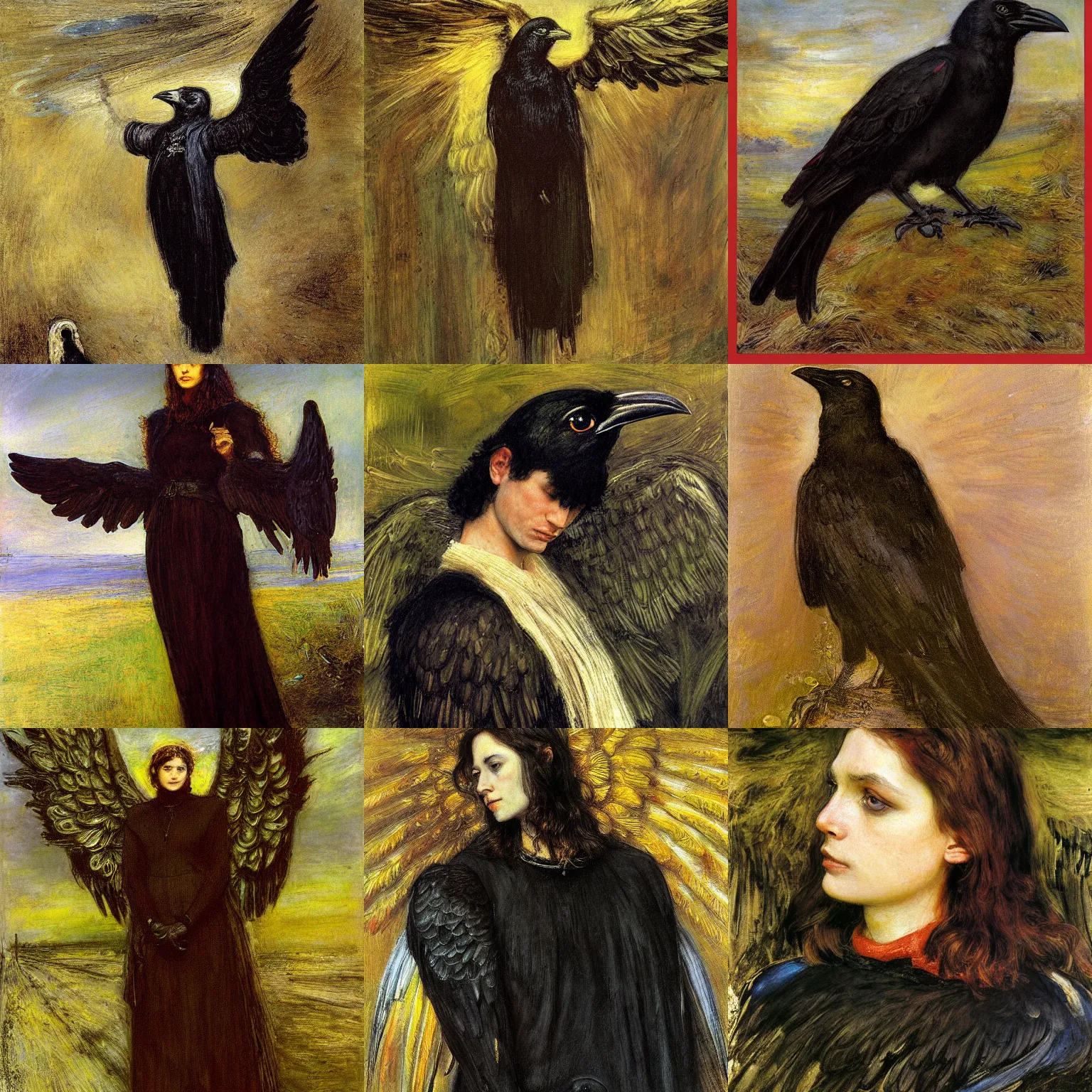 Prompt: portrait of a crow biblically accurate angel style, as painted by John Everett Millais