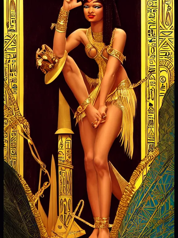 Image similar to zendaya as the Egyptian goddess bast, a beautiful art nouveau portrait by Gil elvgren, Nile river moonlight environment , centered composition, defined features, golden ratio, gold jewlery, photorealistic professional lighting, cinematic