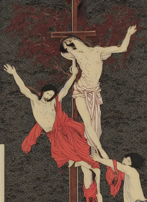 Image similar to Jesus Christ on the cross, by takato Yamamoto, manga style, painting, high detail, 8k, award winning,