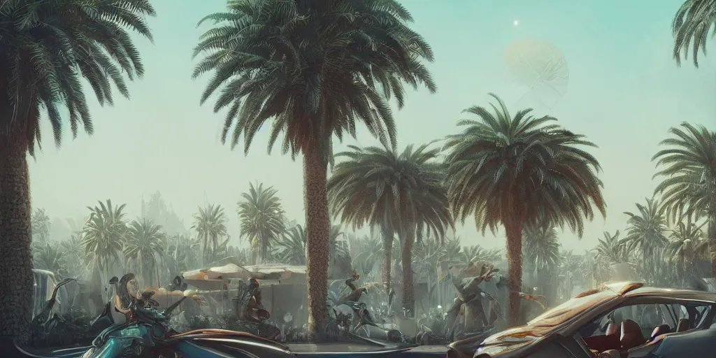 Image similar to Futuristic Marrakech, palm trees ,WLOP, James Jean, tom bagshaw, rococo, trending on artstation, fantasy, intricate, elegant, highly detailed, digital painting, concept art, smooth, illustration, cinematic lighting, hyper realism, octane render, 8k, hyper detailed.