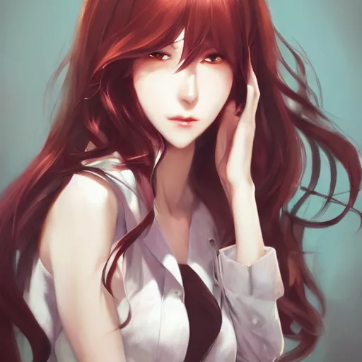 Image similar to kurisu makise, concept art, elegant, ultra highly detailed, digital painting, smooth, sharp focus, artstation, pixiv, art by sakimichan, Bo Chen, rossdraws, Ina Wong