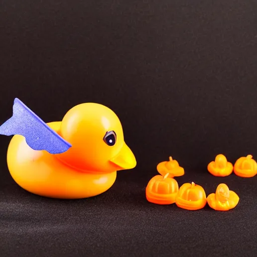 Prompt: beautiful and bright advertising 3 2 mm lens photo of scented soap shaped like a halloween rubber duck with bat wings, studio quality hdr 8 k photograph