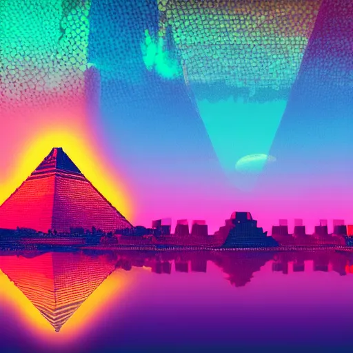 Image similar to cityscape full of mayan pyramids with neons and ufos in the sky viewed from a lake in retrowave style 4 k